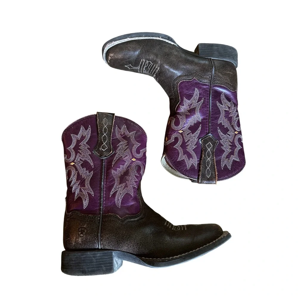 Ariat Brown Purple Leather Square Toe Western Cowboy Boots Kid's  12